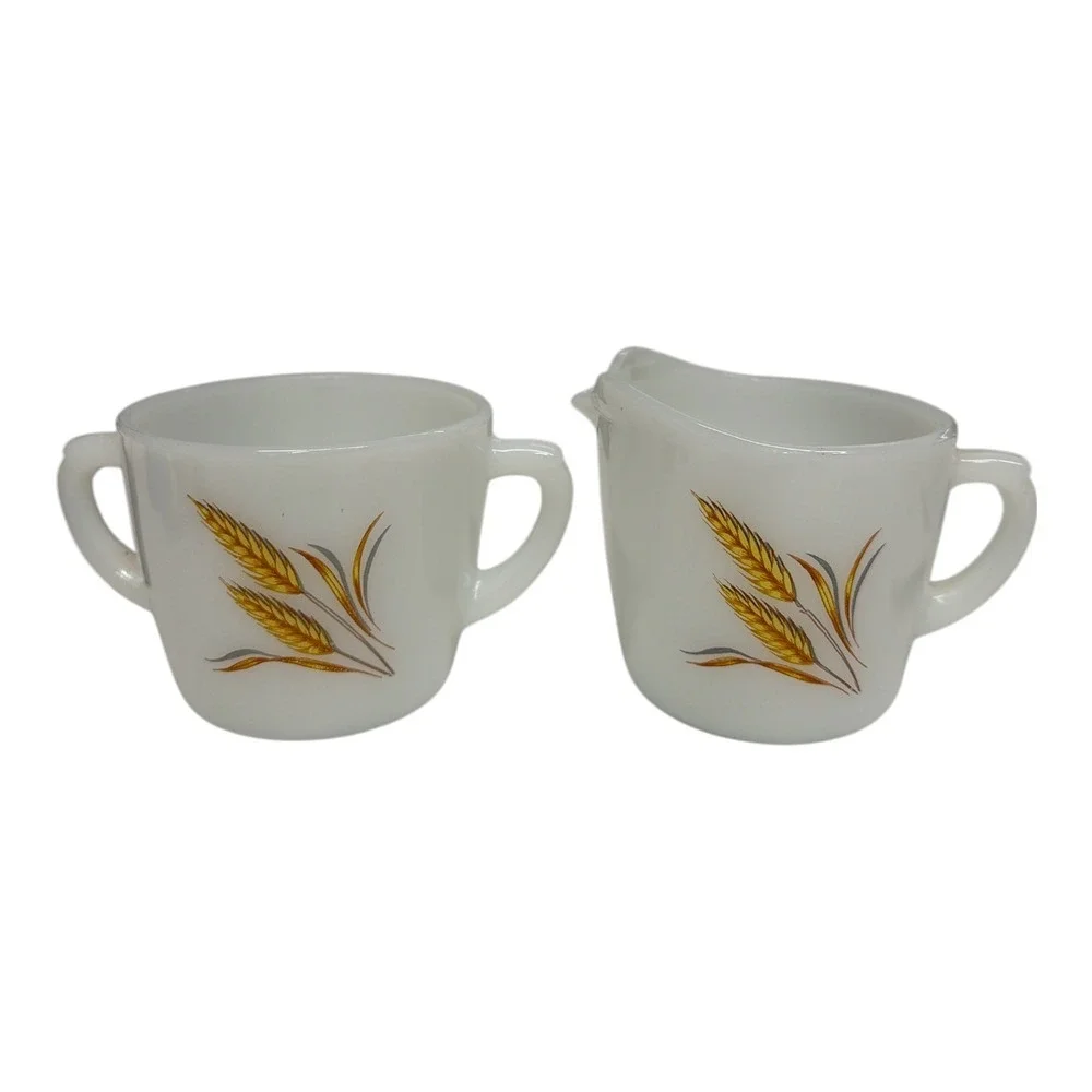 Fire King Vintage Cream And Sugar Set Milk Glass Golden Wheat No Lid EUC